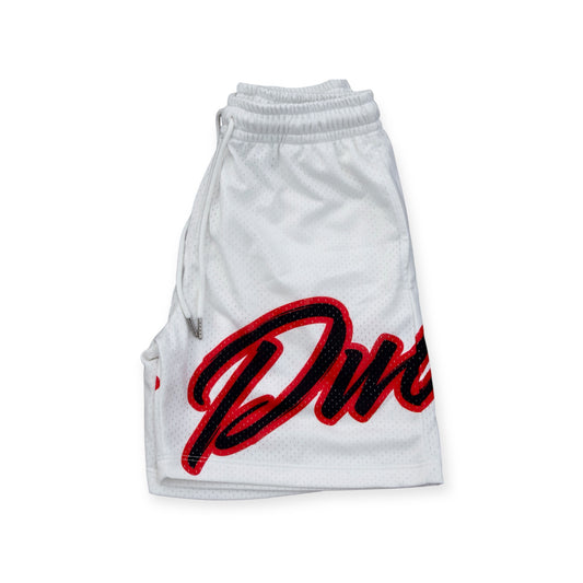White mesh shorts with a red and black logo design wrapped around the leg