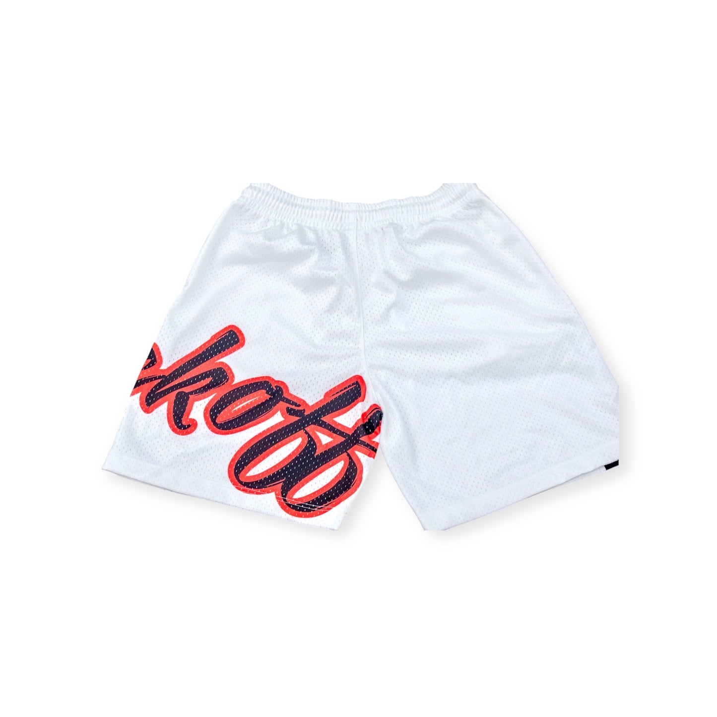 White shorts with red and black text on a white background